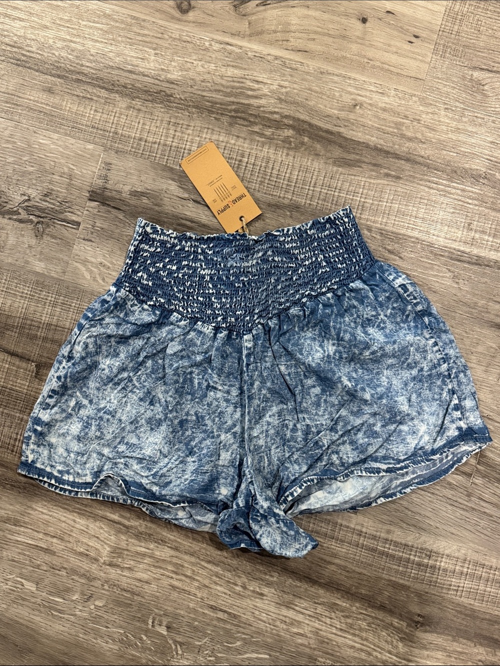 Thread & Supply High-Waist Smocked Mineral Wash Blue Shorts
